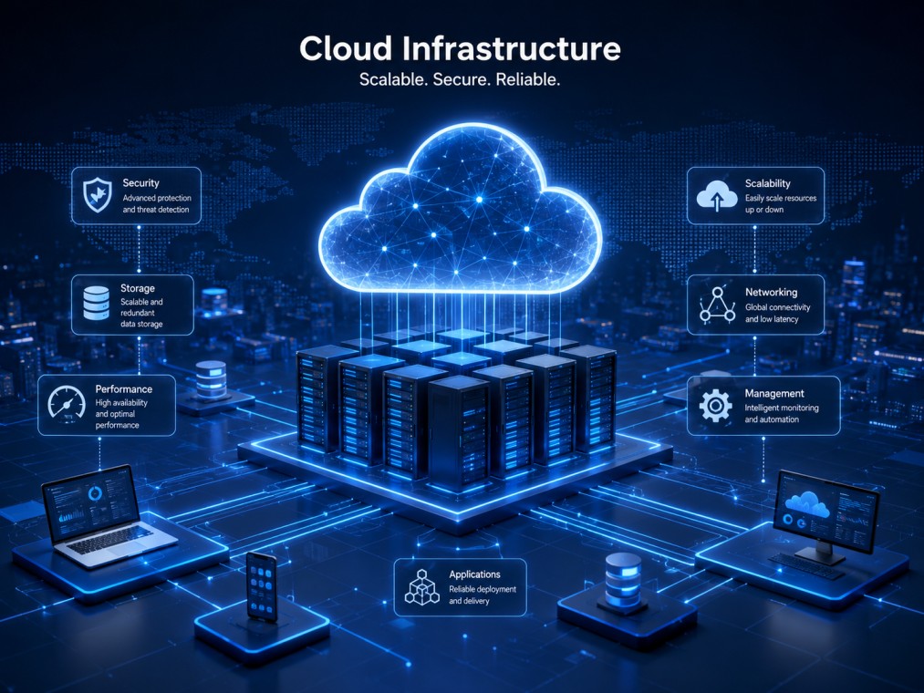 Modern cloud infrastructure supporting software applications and online platforms
